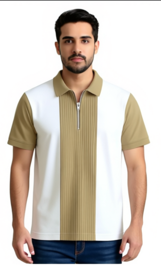 Men Checkered Zip Neck Cotton Blend Tees – Brown & White