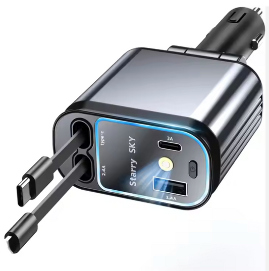 B1 Car Charger with Starlight 66W USB-C PD Mobile Charging – 4-in-1 Retractable Car Charger