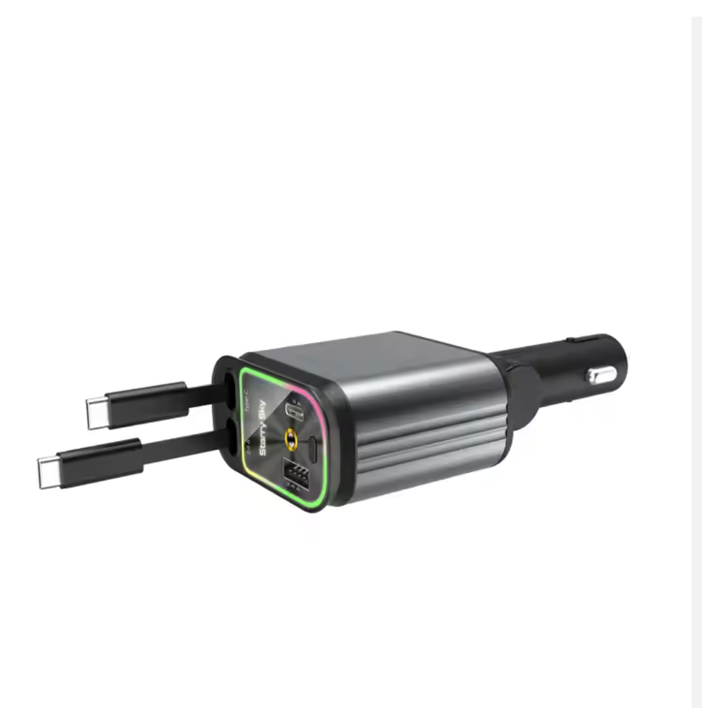 B1 Car Charger with Starlight 66W USB-C PD Mobile Charging – 4-in-1 Retractable Car Charger