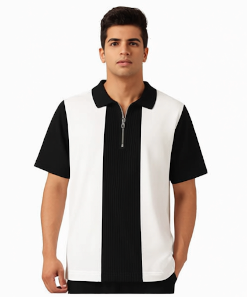 Try This Men Self-Design Zip Neck Cotton Blend Tees – White & Black
