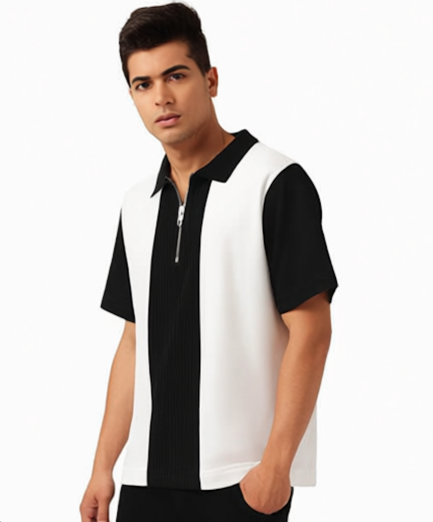 Try This Men Self-Design Zip Neck Cotton Blend Tees – White & Black