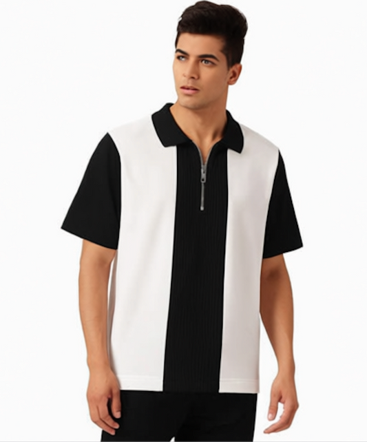 Try This Men Self-Design Zip Neck Cotton Blend Tees – White & Black