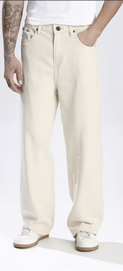 Roadster Men Baggy Fit Pure Cotton Denim Jeans – Mid-Rise, Light Beige