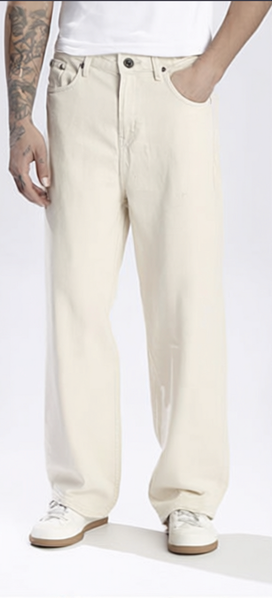 Roadster Men Baggy Fit Pure Cotton Denim Jeans – Mid-Rise, Light Beige