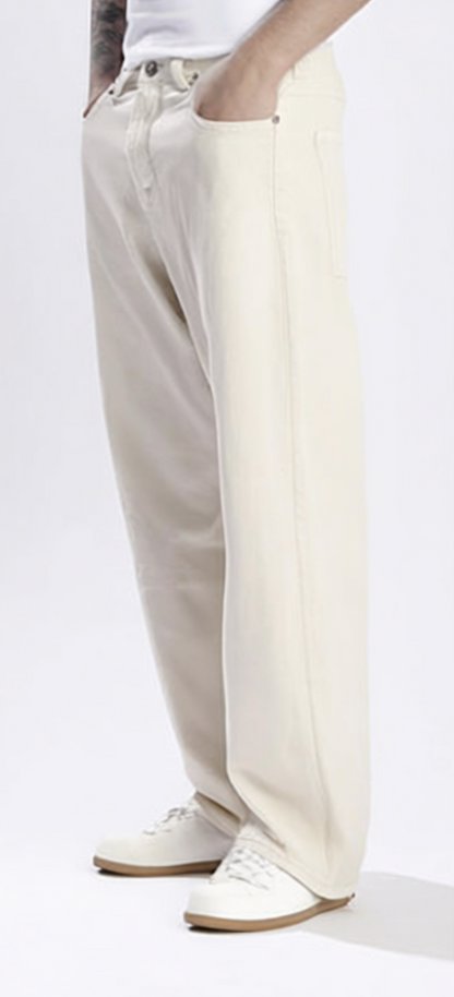 Roadster Men Baggy Fit Pure Cotton Denim Jeans – Mid-Rise, Light Beige