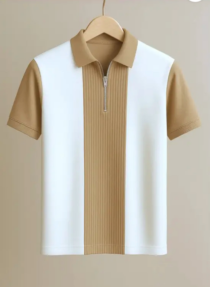 Men Checkered Zip Neck Cotton Blend Tees – Brown & White