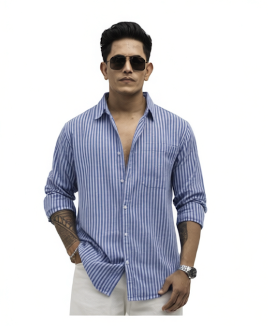 Men Spread Collar Vertical Striped Cotton Casual Shirt