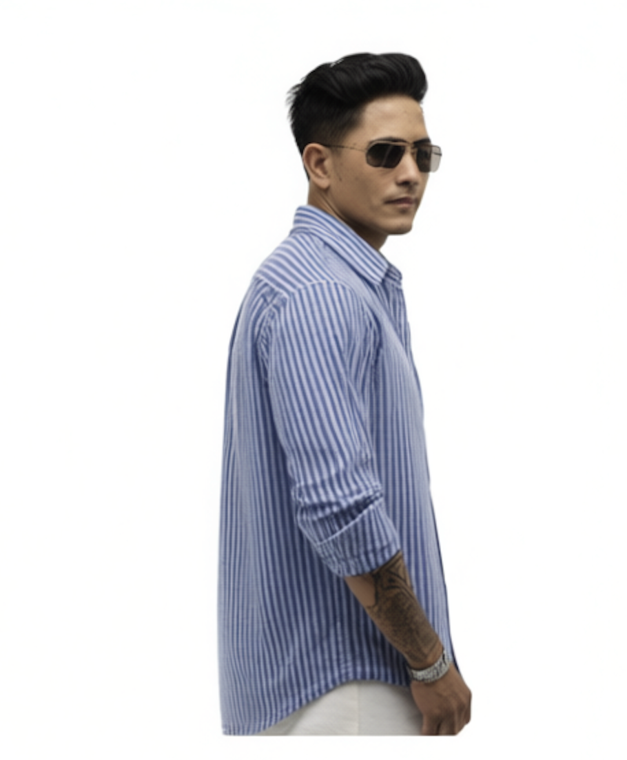 Men Spread Collar Vertical Striped Cotton Casual Shirt