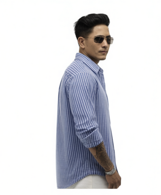Men Spread Collar Vertical Striped Cotton Casual Shirt