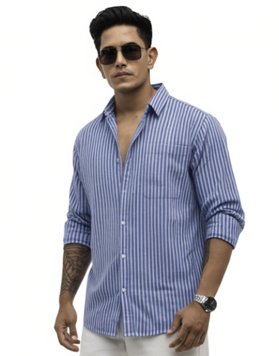 Men Spread Collar Vertical Striped Cotton Casual Shirt