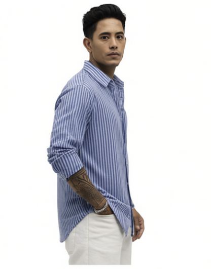 Men Spread Collar Vertical Striped Cotton Casual Shirt