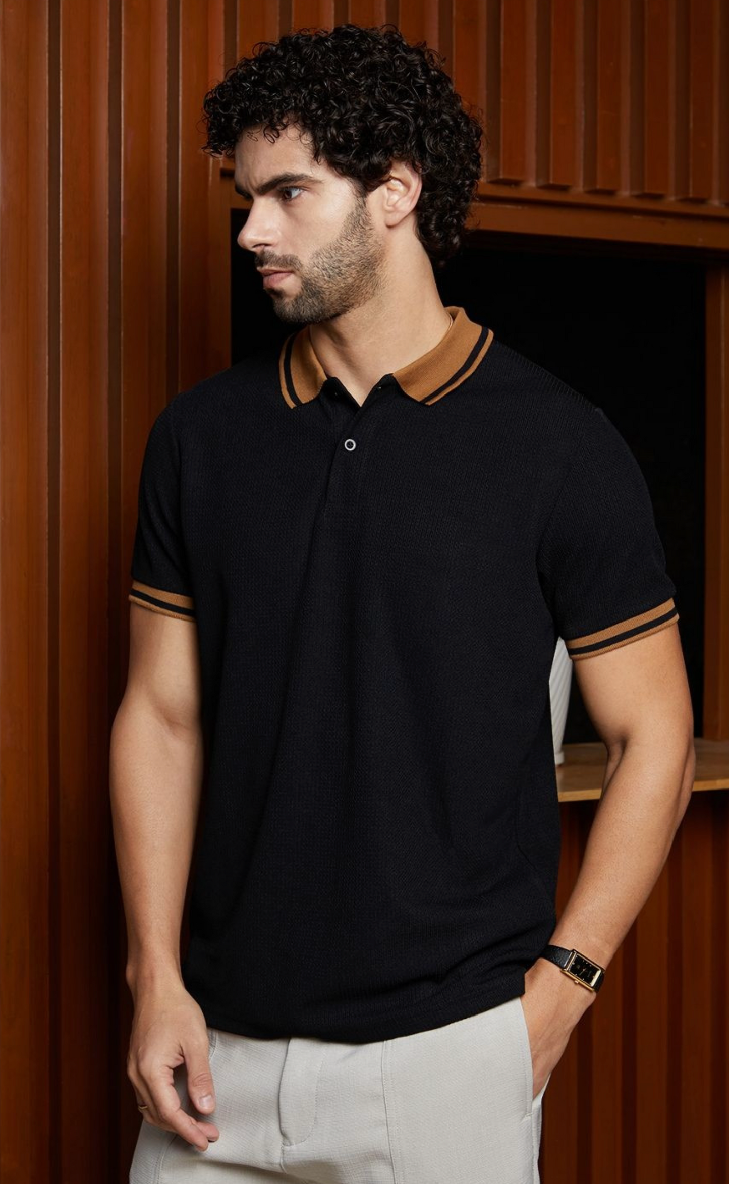 Campus Sutra Men Solid Polo Collar Cotton T-Shirt – Black & Brown, Regular Fit