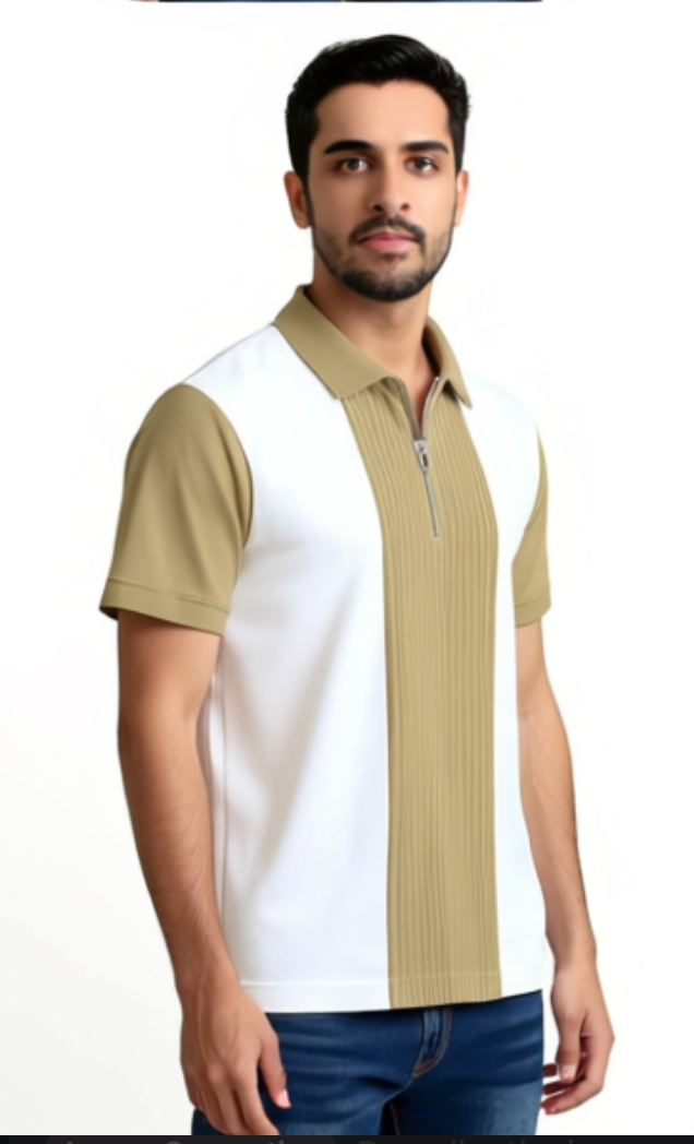 Men Checkered Zip Neck Cotton Blend Tees – Brown & White