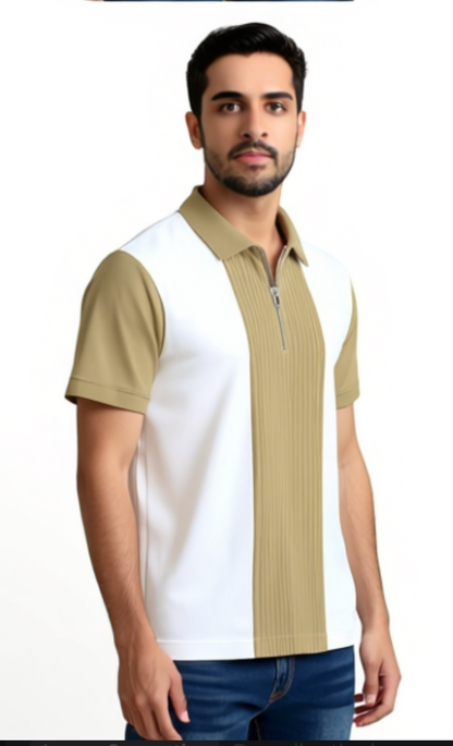 Men Checkered Zip Neck Cotton Blend Tees – Brown & White
