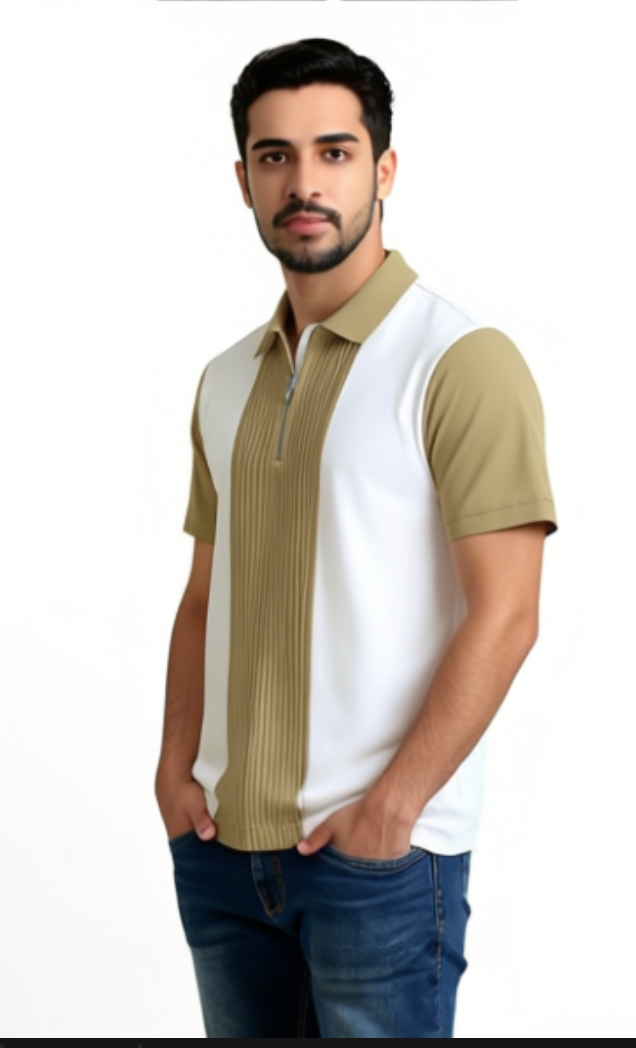 Men Checkered Zip Neck Cotton Blend Tees – Brown & White
